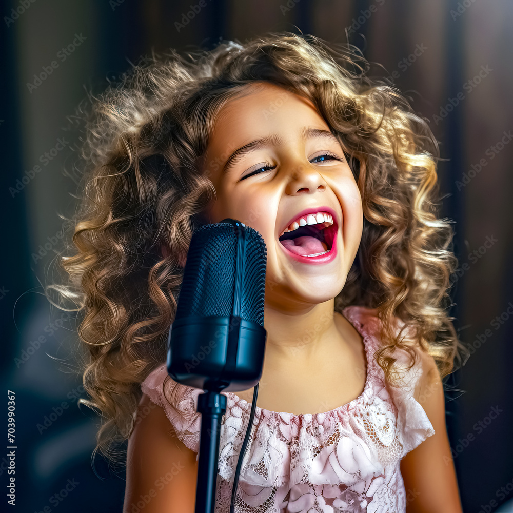 Portrait of a cute little girl singing with a microphone at home Portrait of a cute little girl singing with a microphone at home