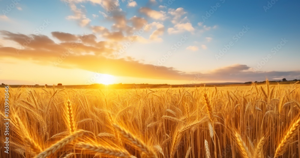 A Lush Carpet of Ripe Barley Under the Radiant Sunset Sky. Generative AI