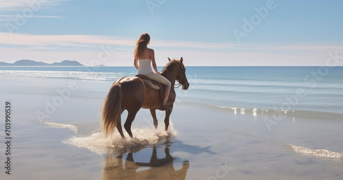 Rear view Woman riding a horse at beach. Generative AI