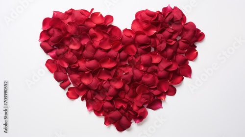  a heart - shaped arrangement of red petals on a white background for a valentine's day card or a wedding or valentine's day card or anniversary gift.