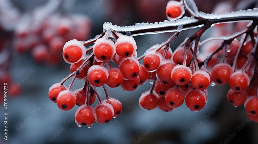 a close up of a bunch of berries on a branch with ice on the leaves and berries on the branch with water droplets on the leaves and snow on the branches. a close up of a bunch of berries on a branch with ice on the leaves and berries on the branch with water droplets on the leaves and snow on the branches.