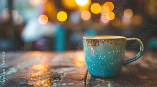  a close up of a coffee cup on a table with blurry lights in the backround of the room behind the cup is a blurry image of a blurry background.