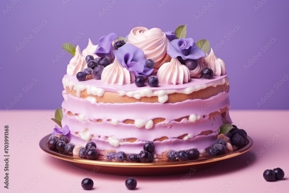 a close up of a cake on a plate with blueberries and blueberries on the side of the cake and a few blueberries on the side of the cake. a close up of a cake on a plate with blueberries and blueberries on the side of the cake and a few blueberries on the side of the cake.