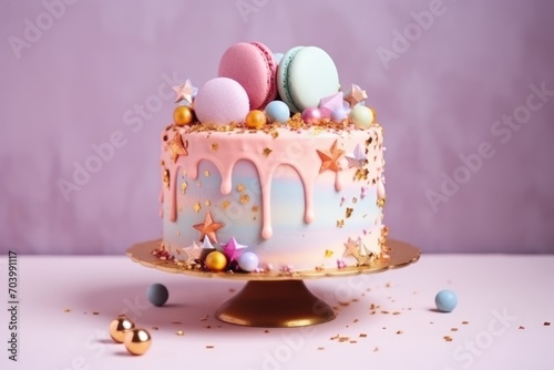  a cake with pink frosting and decorated with stars and confetti on a cake stand with confetti on the top of the cake and confetti on the bottom of the cake.