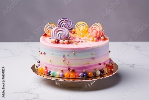  a multicolored cake with lollipops and lollipops on top of it on a cake platter on a marble table with a gray background.