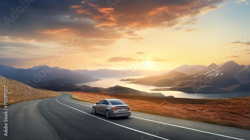 A silver car drives through the mountains at sunset,