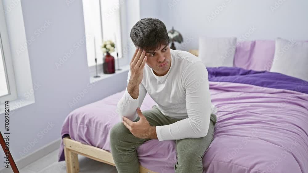 Nervous young hispanic man in pyjamas lies in bed, skeptical expression painted on his face, arms crossed in a disapproving stance. a portrait of negativity in the bedroom. Nervous young hispanic man in pyjamas lies in bed, skeptical expression painted on his face, arms crossed in a disapproving stance. a portrait of negativity in the bedroom.