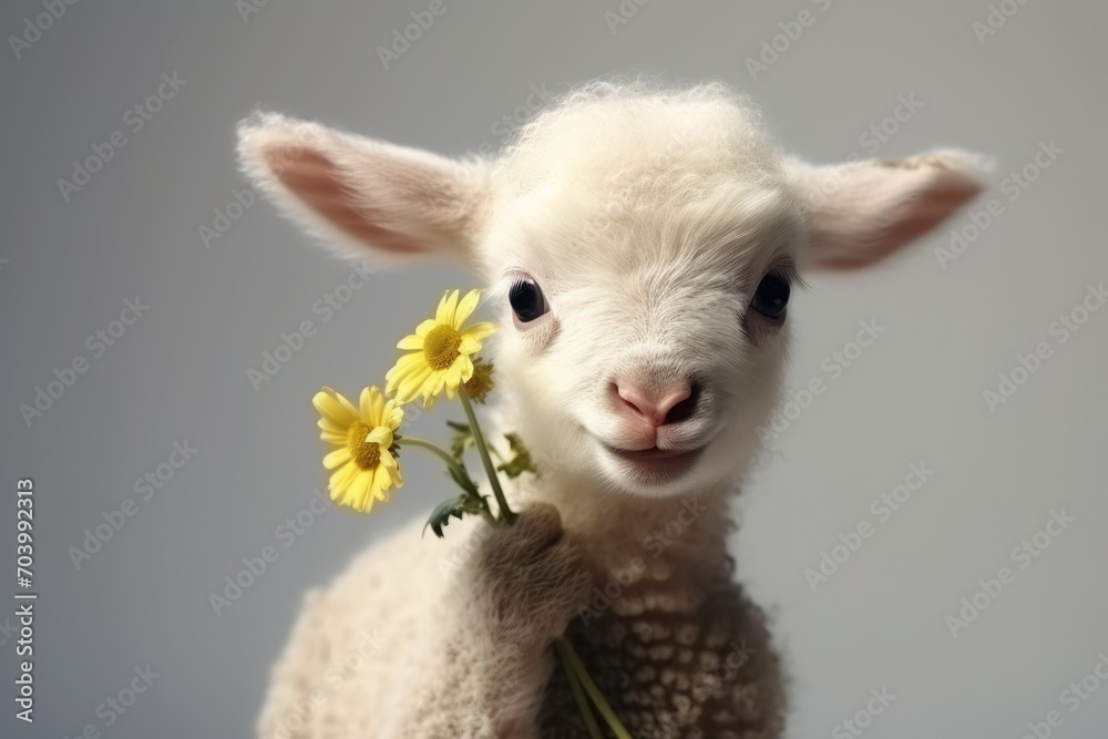 a close up of a sheep with a bunch of flowers in it's lap and looking at the camera with a smile on it's face, with a gray background. a close up of a sheep with a bunch of flowers in it's lap and looking at the camera with a smile on it's face, with a gray background.