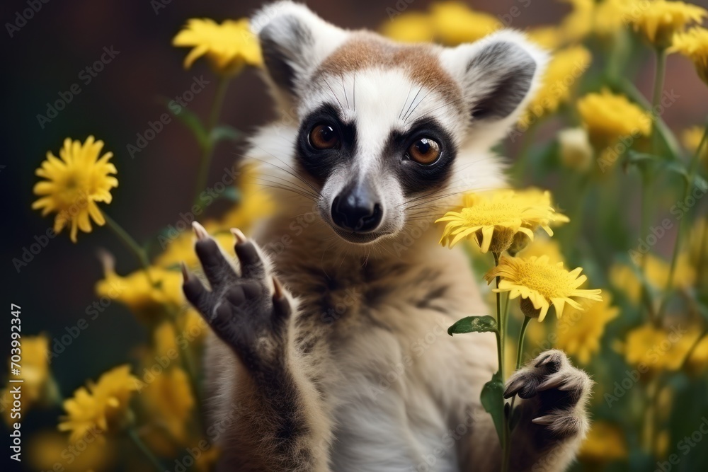  a close up of a small animal in a field of flowers with one hand up to the camera and the other hand in front of the camera, with yellow flowers in the foreground.