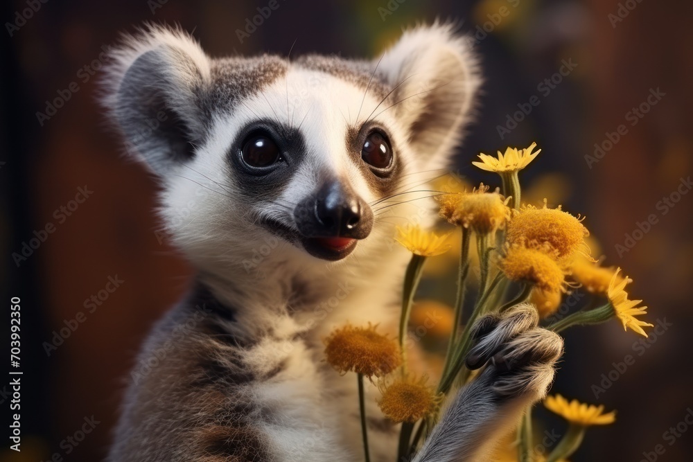 a close up of a small animal with a bunch of flowers in it's hand and a blurry background behind it, with a blurry background of yellow flowers in the foreground. a close up of a small animal with a bunch of flowers in it's hand and a blurry background behind it, with a blurry background of yellow flowers in the foreground.