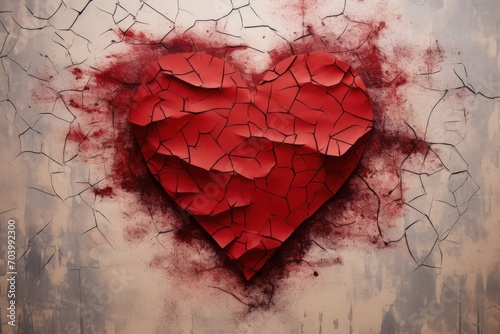  a heart shaped piece of paper with a crack in the middle of it and a hole in the middle of the paper that has been torn and is filled with blood.