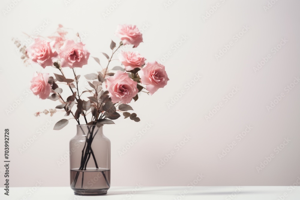 a vase filled with pink flowers sitting on top of a white counter top next to a gray vase with pink flowers on top of it and a white wall in the background. a vase filled with pink flowers sitting on top of a white counter top next to a gray vase with pink flowers on top of it and a white wall in the background.