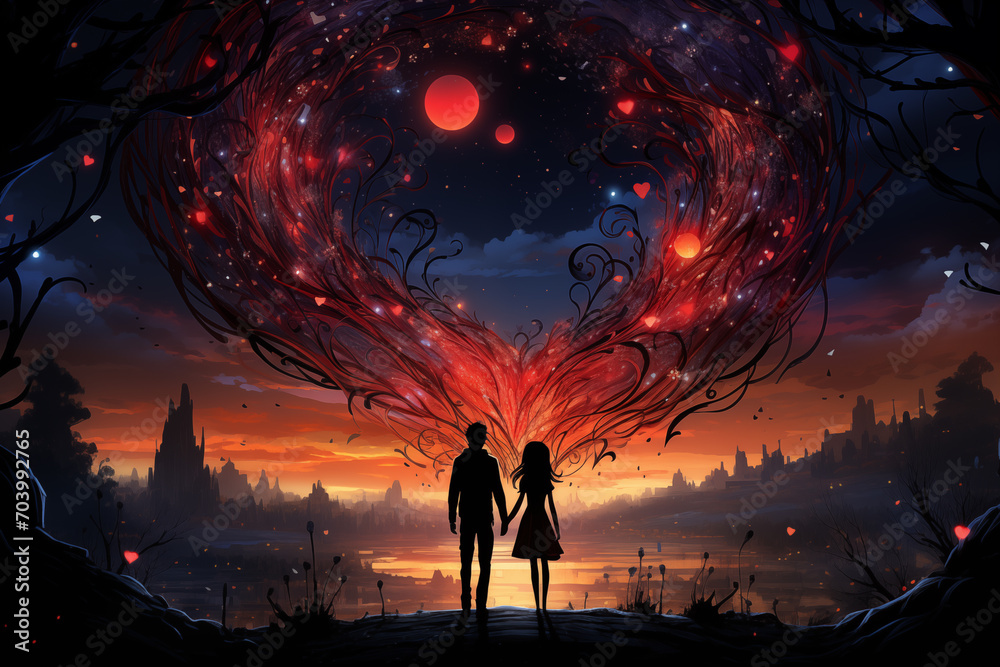 A couple holding hands under the stars, Valentine's Day romance - ai generated