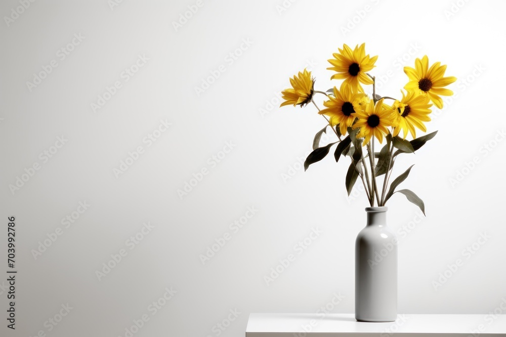  a white vase filled with yellow sunflowers on top of a white table and a white wall behind the vase is a white wall and there is a white wall behind the vase. - obrazy, fototapety, plakaty 