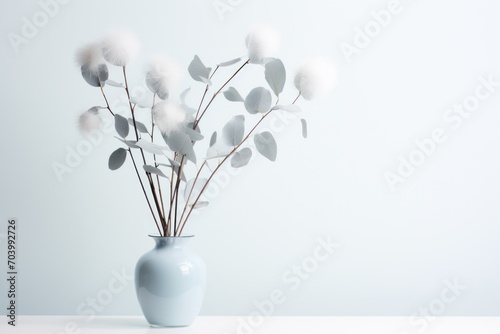  a blue vase filled with white flowers on top of a white counter top with a white wall in the backround behind the vase and a white wall in the background.