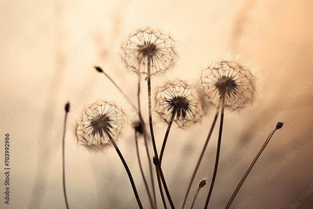  a close up of a bunch of dandelions on a light colored background with a blurry image of the back of the dandelions in the foreground.