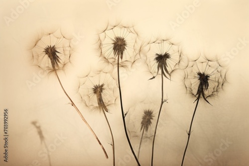  a group of dandelions blowing in the wind on a white and sepia - toned background  in a sepia - toned photo  sepia - tone.