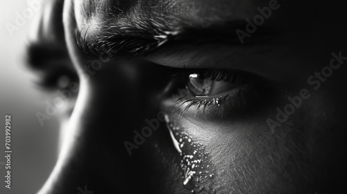 a man crying in a black and white photo while sitting down photo