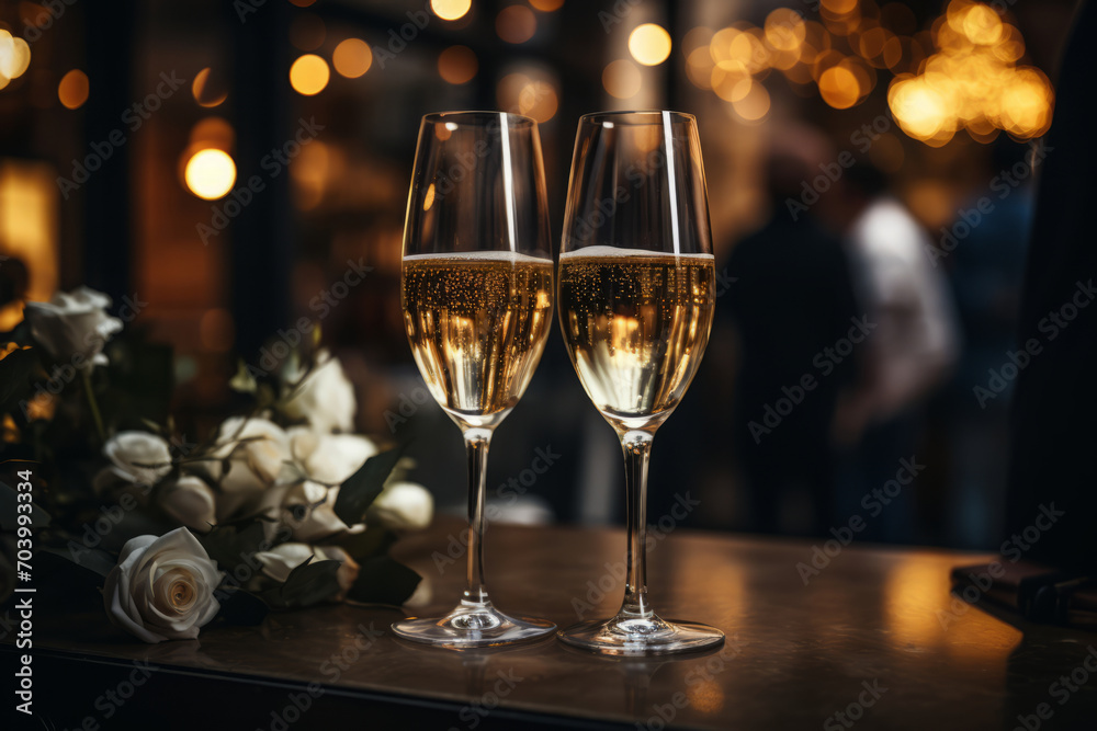Two wine glasses and bouquet of flowers on table. Concept of Valentine's Day and romantic date for couple. Two people celebrating anniversary Two wine glasses and bouquet of flowers on table. Concept of Valentine's Day and romantic date for couple. Two people celebrating anniversary
