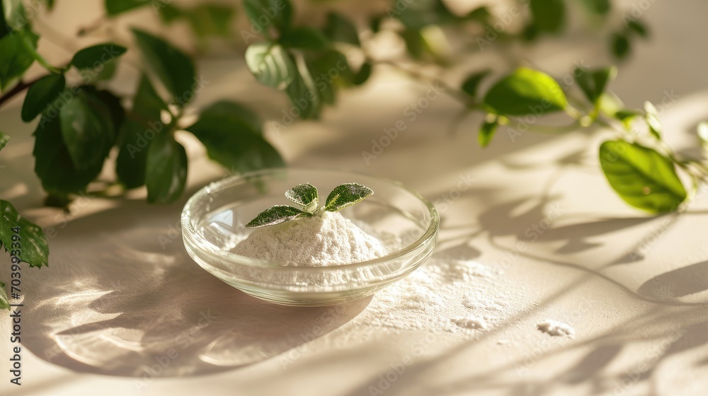 Collagen powder in a glass transparent bowl among green leaves. Natural supplement for beauty and health of skin, bones, joints and intestines. Additional protein intake, cosmetic supplements Collagen powder in a glass transparent bowl among green leaves. Natural supplement for beauty and health of skin, bones, joints and intestines. Additional protein intake, cosmetic supplements