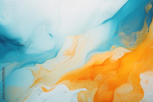  an abstract painting of blue, orange, and white with a splash of paint on the bottom of the image and the bottom of the image in the bottom of the image.