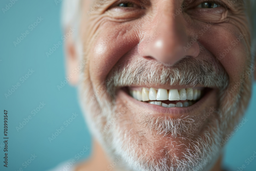 Elderly man with white teeth smiling on pastel blue background. Close up portrait of happy emotional bearded man Elderly man with white teeth smiling on pastel blue background. Close up portrait of happy emotional bearded man