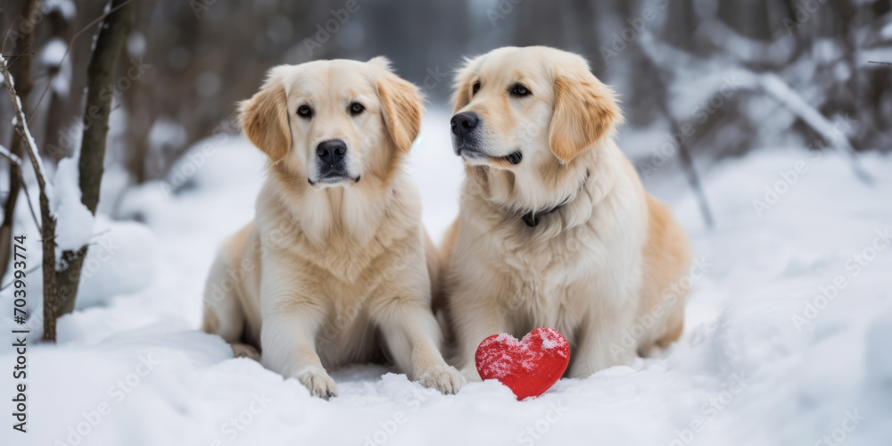 Two Golden Retriever with red heart in snow in winter forest. Cute dogs and Valentine. Valentine's day banner. Love concept