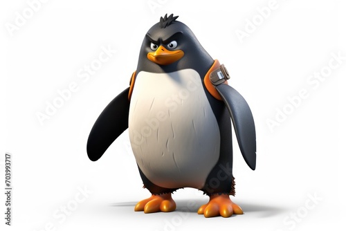  a cartoon penguin with an angry look on his face and a flashlight in his hand, standing in front of a white background with a clipping area for text. © Shanti