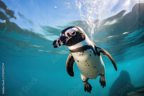  a penguin swimming in the water with its head above the water's surface and under the water's surface, it appears to be looking at the camera.