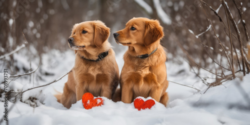 Two Golden Retriever with red hearts in snow in winter forest. Cute dogs and Valentines. Valentine's day banner. Love concept