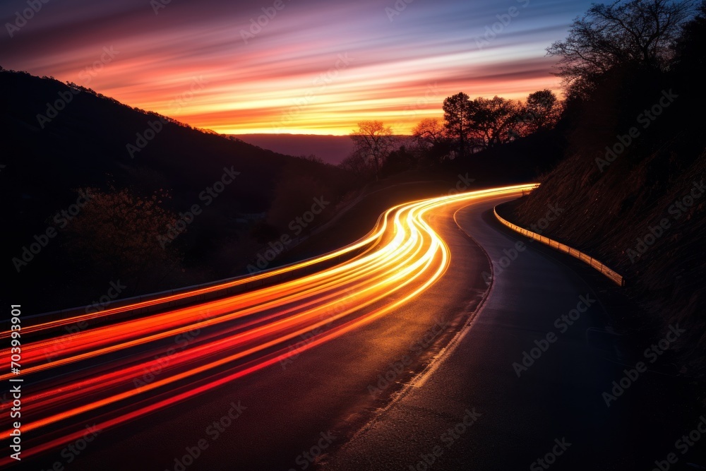  a long exposure photo of a road at night with the lights of the cars streaking down the side of the road and trees on the other side of the road.