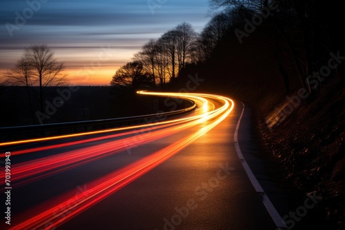  a long exposure photo of a road at night with the lights of cars streaking along the side of the road and trees on the other side of the road. © Shanti