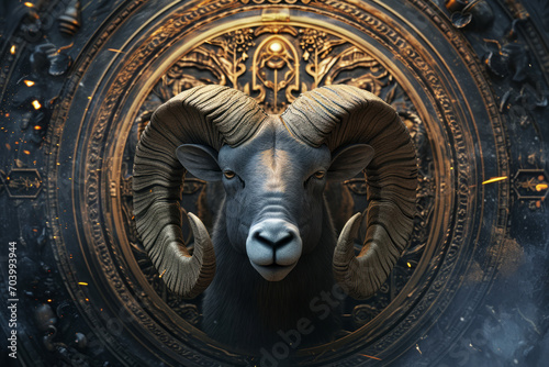 Aries zodiac sign against horoscope wheel. Astrology calendar. Esoteric horoscope and fortune telling concept. © Lazy_Bear