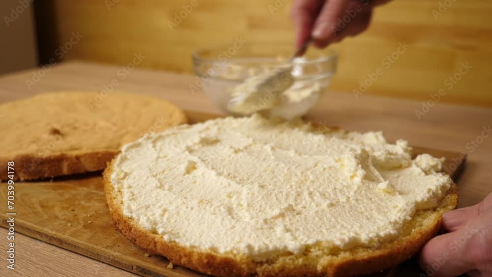 Adding the filling to the cake. Cooking a festive pie at home Adding the filling to the cake. Cooking a festive pie at home