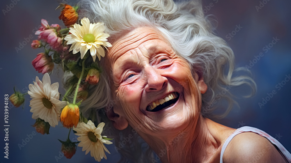 Portrait of a smiling elderly woman with a wreath of flowers on her head.  - obrazy, fototapety, plakaty 