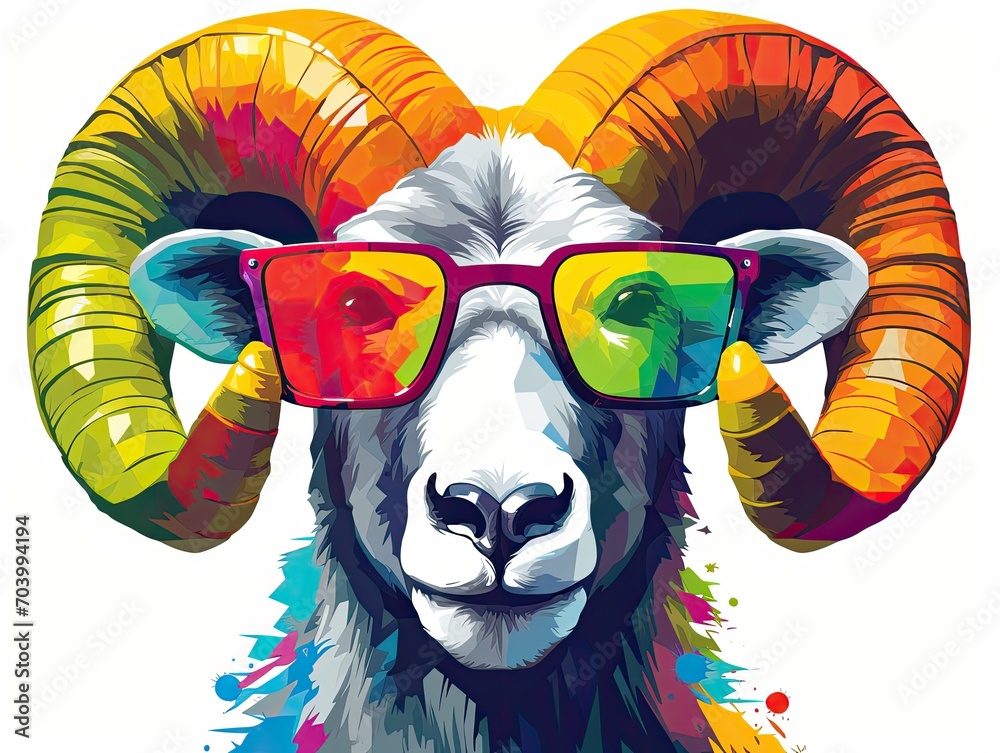A detailed image of a fashionable ram's muzzle. Bighorn in sunglasses. Animal fashion. Illustration for cover, card, postcard, interior design, banner, poster, brochure, print or presentation.