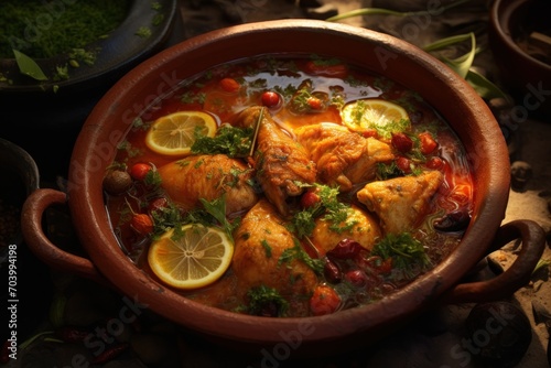  a bowl of soup with chicken, lemons, tomatoes, and garnishes on the side of the bowl is on a table next to a bowl of other food.