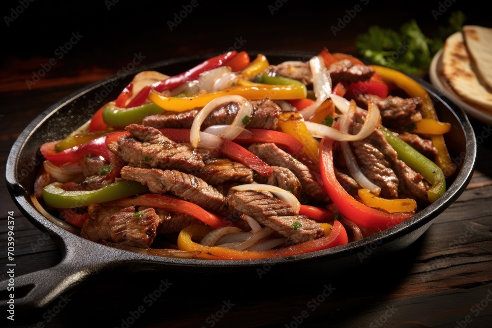 a skillet filled with meat, peppers, onions, and tortillas on top of a wooden table next to a plate of tortillas and tortillas. a skillet filled with meat, peppers, onions, and tortillas on top of a wooden table next to a plate of tortillas and tortillas.