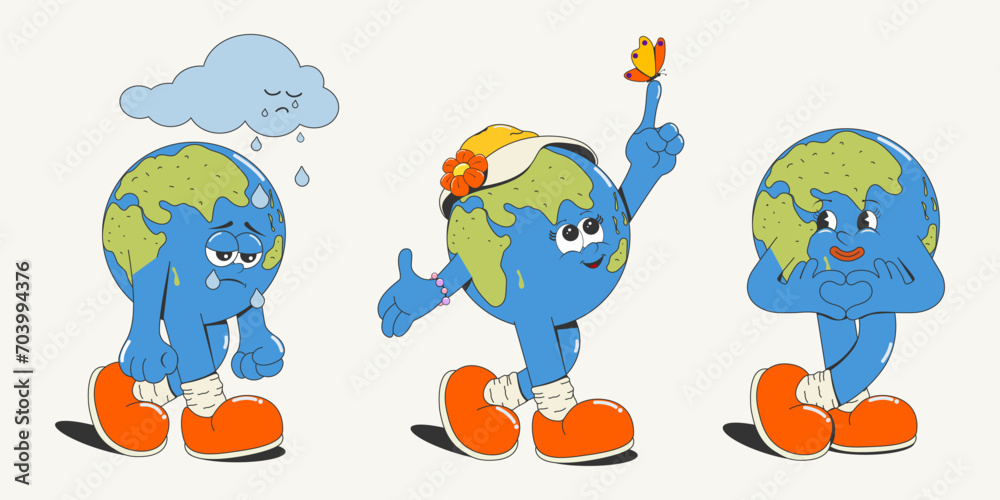 Fototapeta premium A set of groovy cartoon planet earth with different emotions: joy and sadness, isolated on a white background. Earth Day. Environmental problems, taking care of nature. Vector illustration.