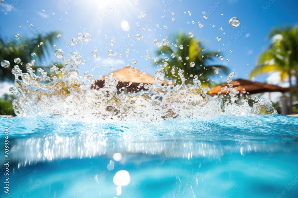  a close up of a pool with water splashing on the surface and palm trees in the background and a blue sky with a few white clouds in the foreground.