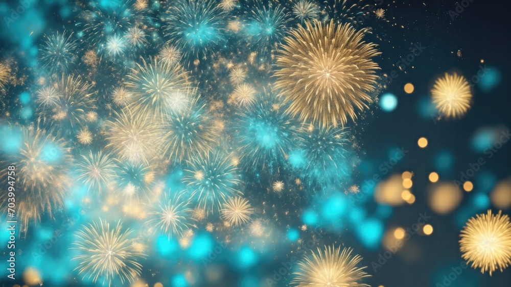 Gold and Cyan Fireworks and bokeh Abstract background Gold and Cyan Fireworks and bokeh Abstract background
