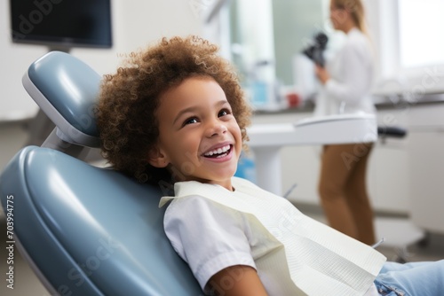  moment of positive reinforcement, with the little boy receiving encouragement or a small reward after the dental examination, promoting a positive experience