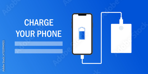 Charge your phone sign. Flat, blue, phone screen with battery, power bank icon, carge your phone sign. Vector illustration