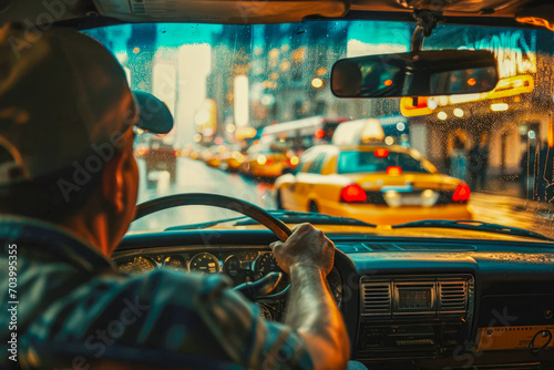 Fototapeta taxi driver driving a yellow cab