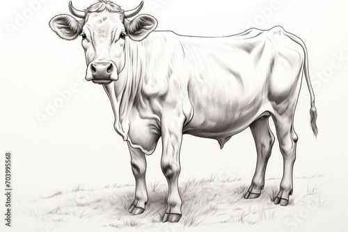  a black and white drawing of a cow standing in a field of grass with its head turned to the side and it's head slightly turned to the side.