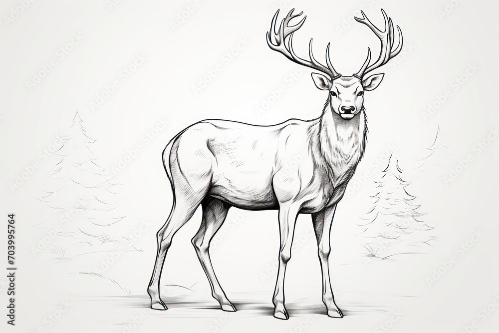  a drawing of a deer with antlers on it's head and antlers on the back of it's head, standing in front of a snowy landscape.
