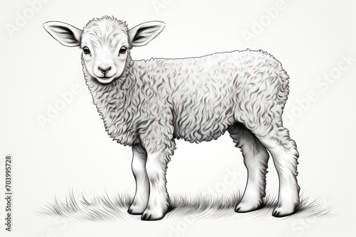  a black and white drawing of a sheep standing in a field of grass  looking at the camera with a sad look on its face  on a white background.