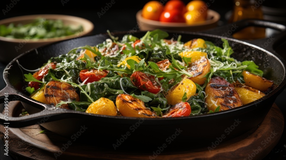 a close up of a pan of food on a table with other plates of food in the background and a bowl of tomatoes and oranges in the foreground. a close up of a pan of food on a table with other plates of food in the background and a bowl of tomatoes and oranges in the foreground.