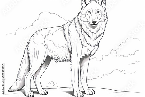  a drawing of a wolf standing on top of a hill with clouds in the background and a bird on top of the wolf s head in the foreground.