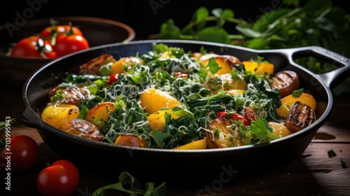  a close up of a pan of food on a table with tomatoes and other vegetables on the side of the pan and on the table is a tomato and basil.